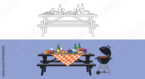 A delightful picnic table spread with food and drinks ready for a barbecue.