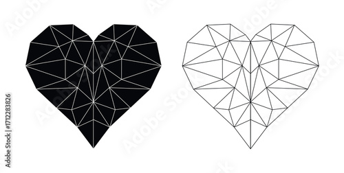 Polygon heart vector. Geometric low poly heart shape, wireframe and solid style
