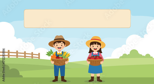 Two happy farmers holding baskets full of fresh produce.