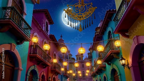 A vibrant street scene at night with glowing lanterns and a crescent moon above colorful buildings