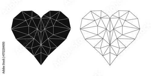 Polygon heart vector. Geometric low poly heart shape, wireframe and solid style
