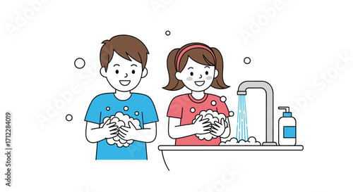 Children washing their hands with soap and water.