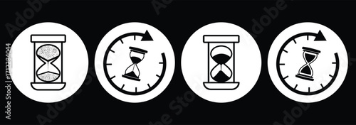 set of sand clock illustrations with varying frames and sand amounts. Hourglass shapes in multiple variations. Vector icon set of hourglasses with falling sand. Sand watch icon set. Hourglass symbol. 
