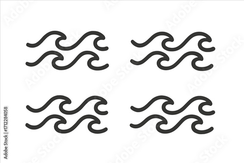 Wave icon collection. Sea wave symbol set. Ocean current sign. River stream logo element. Water flow pattern. Simple linear graphic. Minimalist aqua doodle vector illustration.