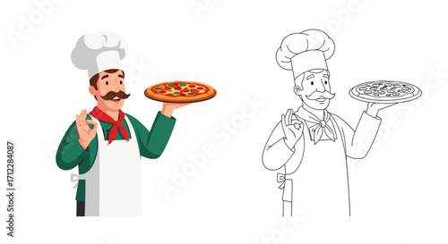 A cheerful chef presents a delicious pizza to the camera.