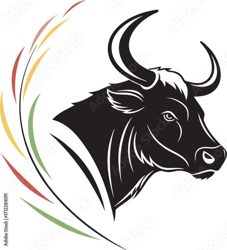 Powerful black bull silhouette with vibrant rainbow streaks symbolizing strength and dynamic energy Art & Illustration