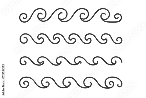 Set of simple wave line icons. Collection of horizontal dividers and borders. Decorative swirl ornament. Abstract water, sea, ocean symbol. Vector graphic element for design.