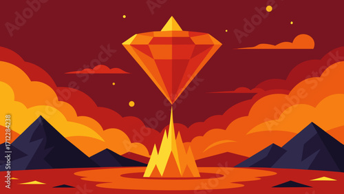 Mountain camping landscape vector with a silhouette of a tent and a rising sun