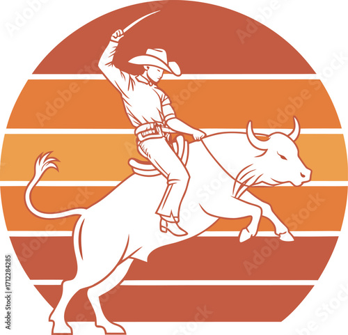 Dynamic illustration of a cowboy riding a bucking bull with a whip against a retro sunset striped background in warm orange and red tones Art & Illustration