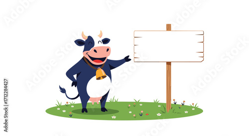 Happy cow pointing at a blank sign on a sunny day.