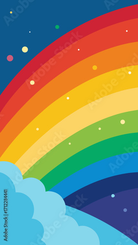 A vibrant, cartoon rainbow arcs across a bright blue summer sky with fluffy white clouds