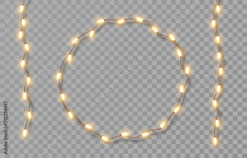 Round garland of bright Christmas lights. Festive bright lights on dangling string of yellow light bulbs on transparent background. Vector New Year party led lamps decoration, holiday design, event
