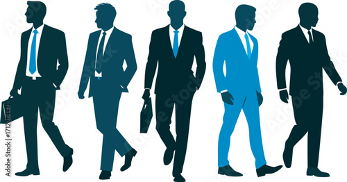Diverse group of five professional businessmen in stylish suits walking confidently together in a clean studio setting showcasing unity and success Art & Illustration