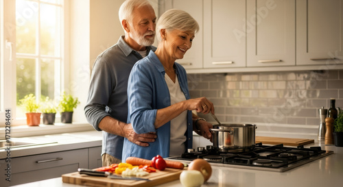 Senior couple cooking together in modern kitchen, showing closeness and care. Senior couple are preparing healthy meal and enjoying retirement life. Senior couple lifestyle reflects love,