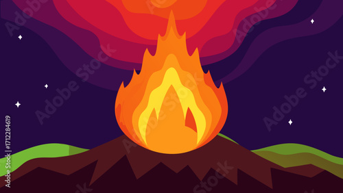 A scary Halloween night with a glowing pumpkin face and fire, autumn, and orange flames