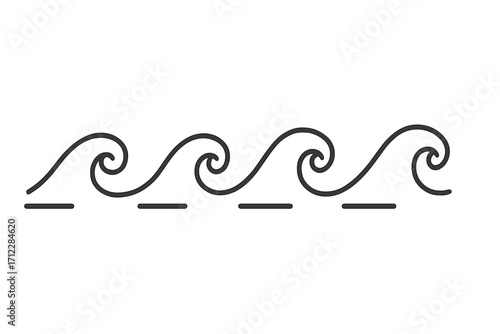 Set of simple wave icons. Water, sea, ocean line sign. Vector illustration. Nature, surf, tide, flow, aqua symbol. Swirl, curly, doodle seamless border pattern. Marine element.