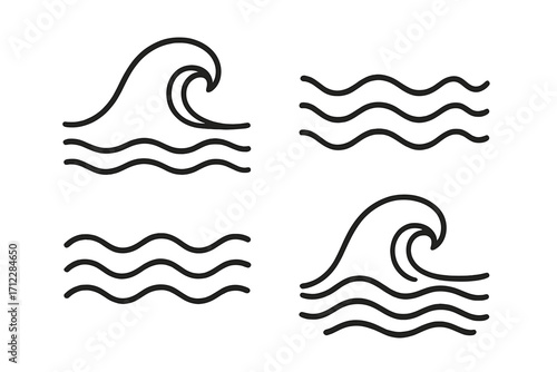Wave icon set. Line sign collection. Water, sea, ocean symbol. Vector illustration. Surf, tide, tsunami, and flow concept. Aqua, liquid, and fluid graphic element.
