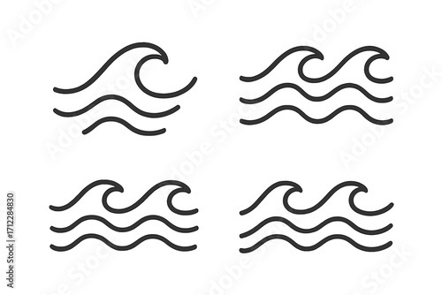 Wave icon collection. Simple line art style vector. Ocean, sea, water symbols set. Minimalist design for nature, surf, nautical themes. Abstract flow, tide, stream, aqua sign.