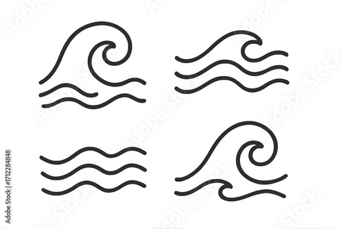 Wave icon set. Water sign collection. Line style vector illustration. Sea, ocean, surf symbol. Simple, minimal, abstract graphic element for logo design. Nature, flow concept.
