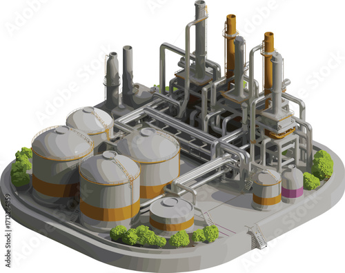 3D Isometric Industrial Factory Illustration, Petrochemical Plant with Storage Tanks, Piping System, and Chimneys, Clean Energy Concept Design