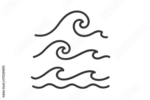 Wave icon collection, water sign vector set. Line art style ocean, sea, and surf symbols. Abstract fluid, liquid, and aqua flow design elements. Marine swirl illustration.