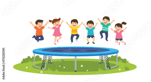 Children joyfully jumping high on a blue trampoline in a park.