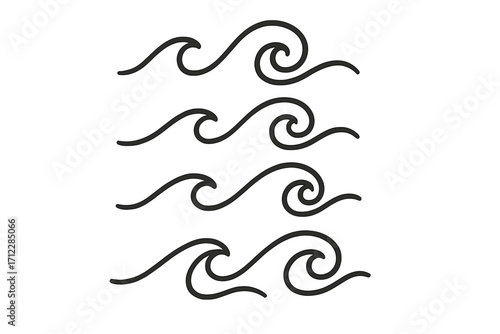 Set of simple wave icons. Linear water symbol collection. Vector line art illustration of sea and ocean waves. Minimalist doodle style flow and swirl graphic design elements.