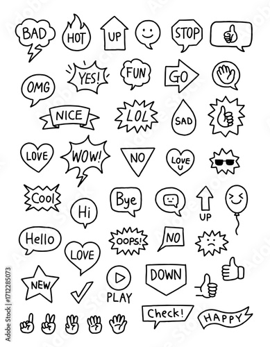 Hand drawn vector doodle speech bubbles with words and emoji icons
