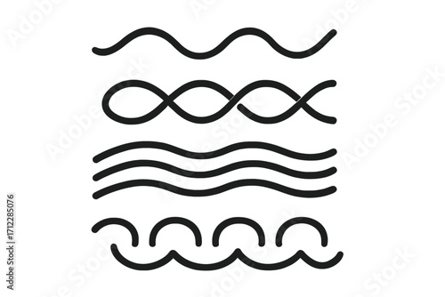 Set of wave icons. Linear water and sea symbols. Vector graphic element collection for design. Abstract wavy lines, flow, ripple, and frequency signs. Ocean curves.