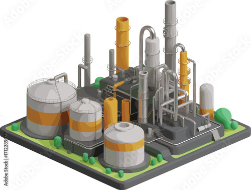 3D Isometric Industrial Factory Illustration, Petrochemical Plant with Storage Tanks, Piping System, and Chimneys, Clean Energy Concept Design