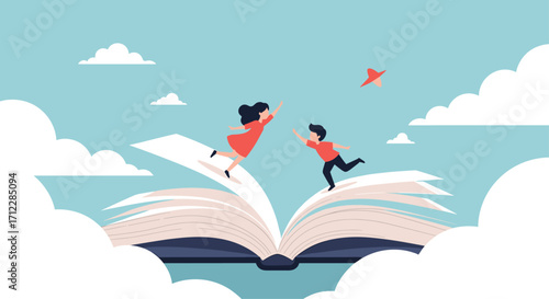 Two children flying over an open book into the clouds.