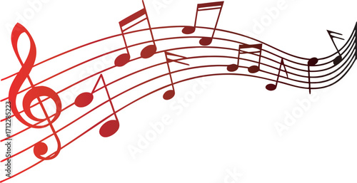 Vibrant red musical notes and treble clef flowing dynamically on a white background representing the joy and energy of music composition and performance Art & Illustration