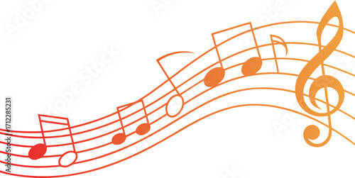 Vibrant flowing musical notes and treble clef on a white background representing melody and harmony in a colorful artistic illustration Art & Illustration