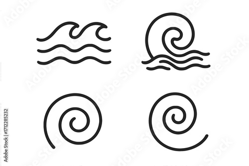 Wave icon set. Linear sea and ocean waves, tsunami, and spiral vortex symbols. Simple black line art vector illustration for water, surf, storm, and whirlpool concepts.