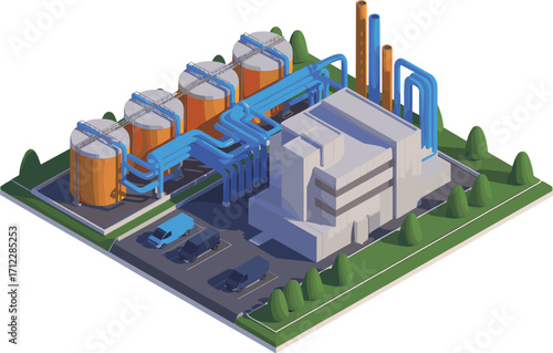 3D Isometric Industrial Factory Illustration, Petrochemical Plant with Storage Tanks, Piping System, and Chimneys, Clean Energy Concept Design