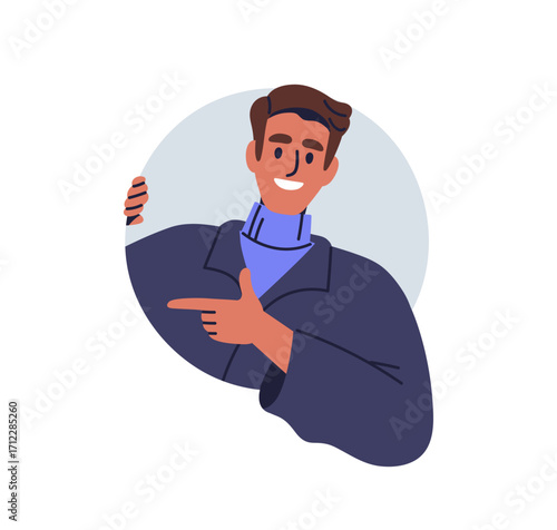 Smiling man peeking out from round shape, circle hole, pointing at side with finger. Happy business person peeping, advertising with hand gesture. Flat vector illustration isolated on white background
