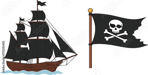 Pirate ship sailing on the open sea beside a skull and crossbones flag, evoking a sense of adventure and danger.