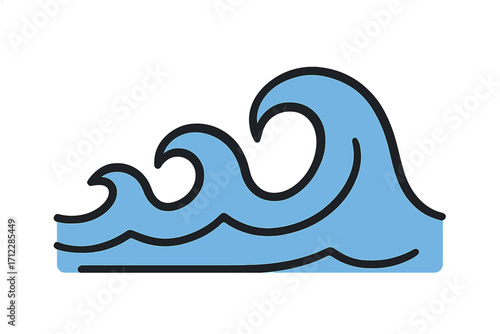 Wave icon, ocean symbol, water stream sign. Linear sea flow concept for surf logo. Simple blue cartoon vector illustration for nature, aquatic, travel topics. Isolated graphic.