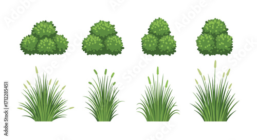 Pixel art stylized green shrubs and tall grasses for game assets.