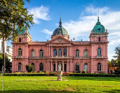 Pink building in a park