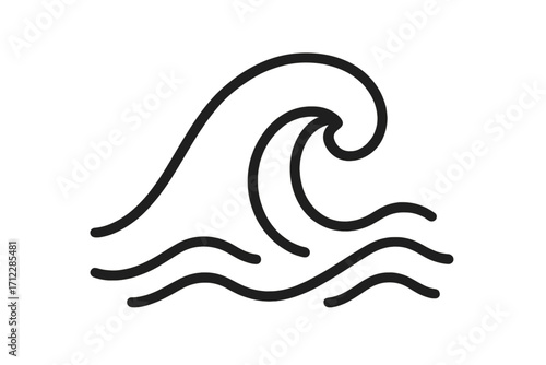 Wave icon, water motion symbol. Ocean sea storm surge. Linear drawing for logo. Minimalist surf element. Aqua flow graphic. Vector illustration on transparent background.