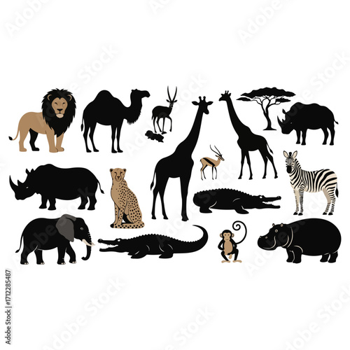 African wildlife animals silhouettes collection on white background.