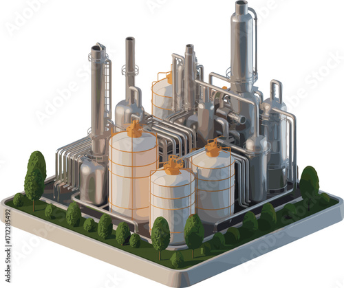 3D Isometric Industrial Factory Illustration, Petrochemical Plant with Storage Tanks, Piping System, and Chimneys, Clean Energy Concept Design