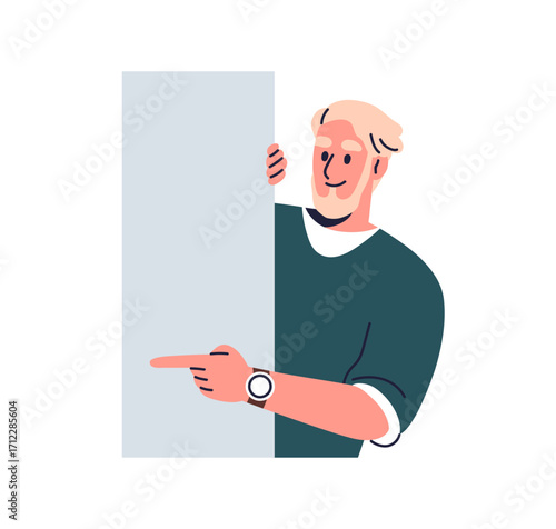 Man peeking, peeping from behind wall, board, pointing with finger. Smiling bearded male hiding, looking with curiousity, advertising hand. Flat vector illustration isolated on white background