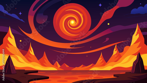 An intense fire swirl illustration with bright orange and yellow