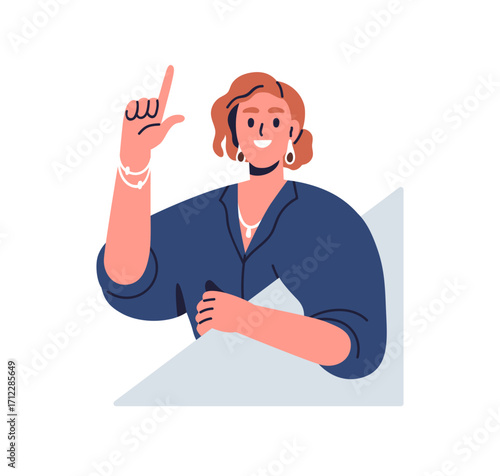 Happy business woman pointing up with finger. Smiling female peeking, peeping out from behind corner, gesturing with hand, showing, advertising. Flat vector illustration isolated on white background