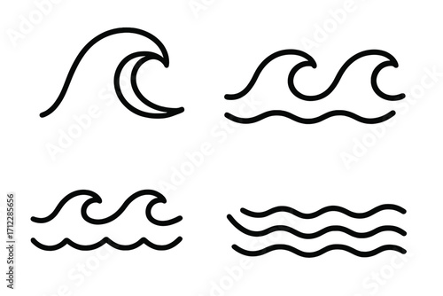 Wave line icon set. Simple water, sea, and ocean symbols collection. Minimalist vector illustration for nature, surf, and beach concepts. Abstract flow, tide, current graphic element.