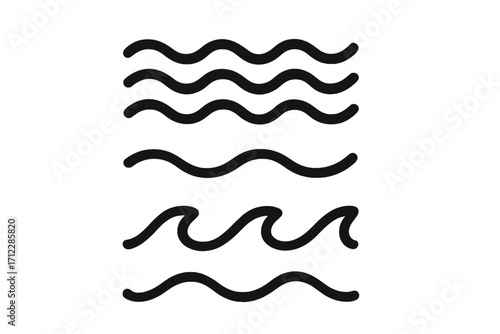 Collection of simple wave line icons. Hand drawn water, sea, and ocean symbols set. Minimalist doodle sketch of flow and current. Abstract vector graphic elements for logo design.