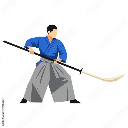 Japanese martial artist with a naginata weapon in action pose.