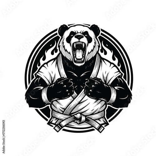 Illustration of a muscular panda bear wearing a karate gi, roaring aggressively in a circular frame with flames.
